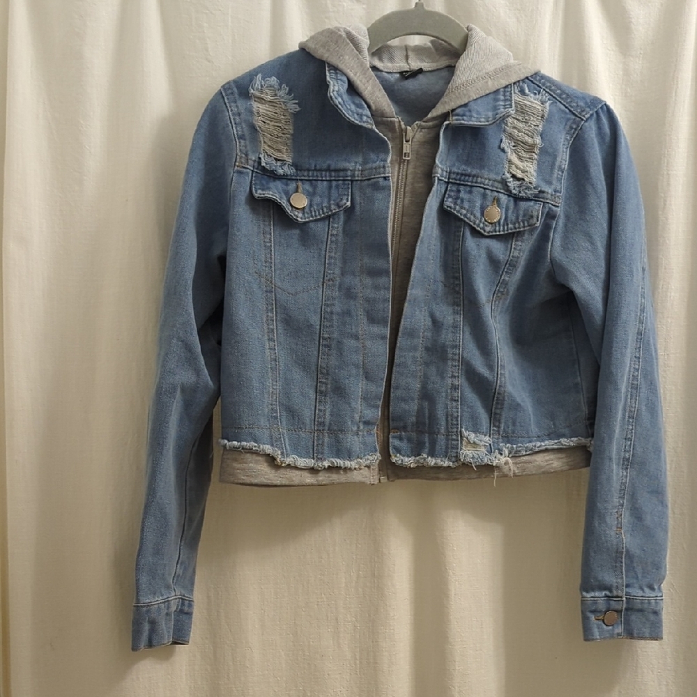 SHEIN Blue Distressed Denim Jacket with Gray Hoodie